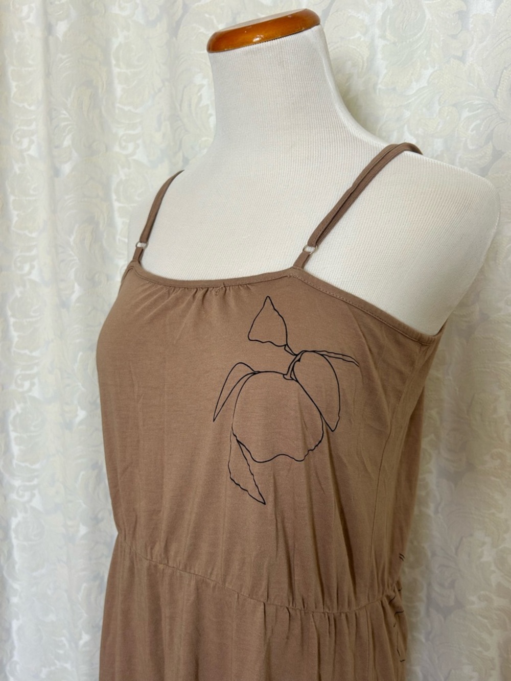 Brown Spaghetti Strap Maxi Dress with Floral Line Art